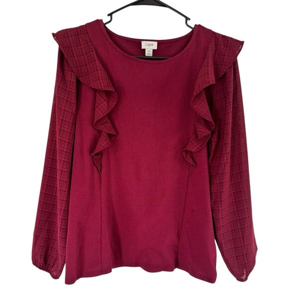 NWT J. Crew Ruffle Shoulder Top Jacquard Plaid Sleeve Warm Burgundy Size Small - Picture 1 of 6
